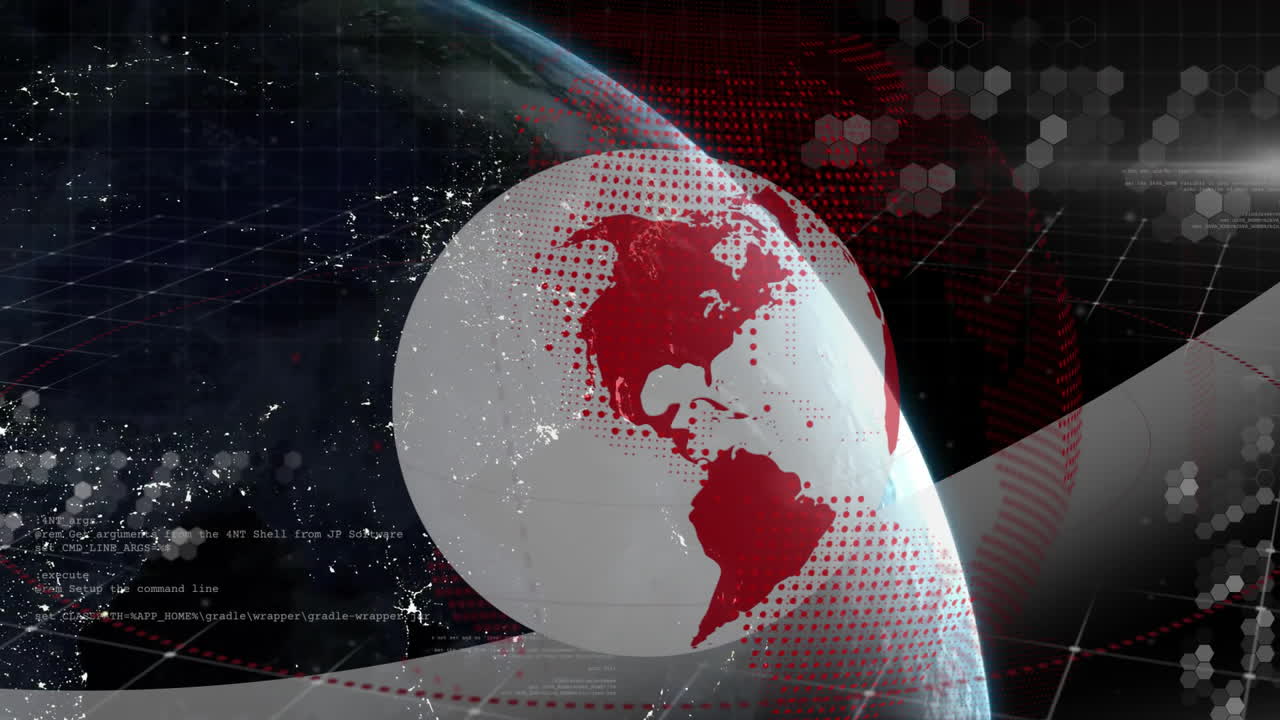 Semi-transparent globe rotating in tech grid scene, highlighting red continents and hex patterns