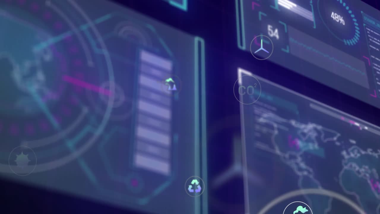 animación de múltiples iconos digitales sobre la interfaz con procesamiento de datos contra un fondo azul