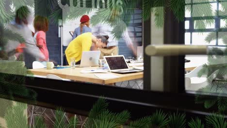 animation of pine tree over diverse business people