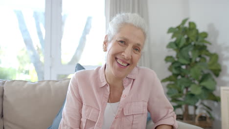 Portrait-of-happy-senior-biracial-woman-sitting-on-couch-having-video-call-at-home,-slow-motion