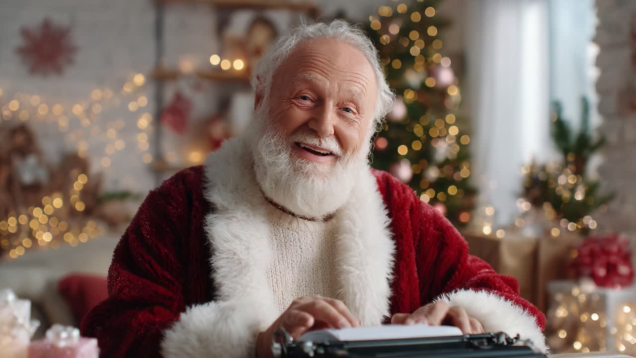 Un Babbo Natale entusiasta che digita messaggi gioiosi in un ambiente festivo e accogliente, circondato da decorazioni e regali natalizi, diffondendo allegria e felicità a tutti