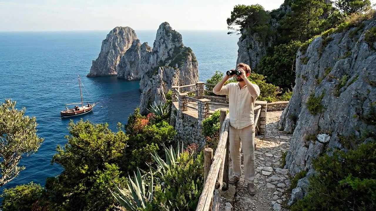 Viaggiatori che esplorano scogliere costiere panoramiche e punti panoramici montani in vacanza