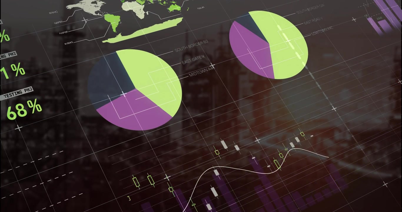 Animazione di elaborazione dati e diagrammi su paesaggio urbano