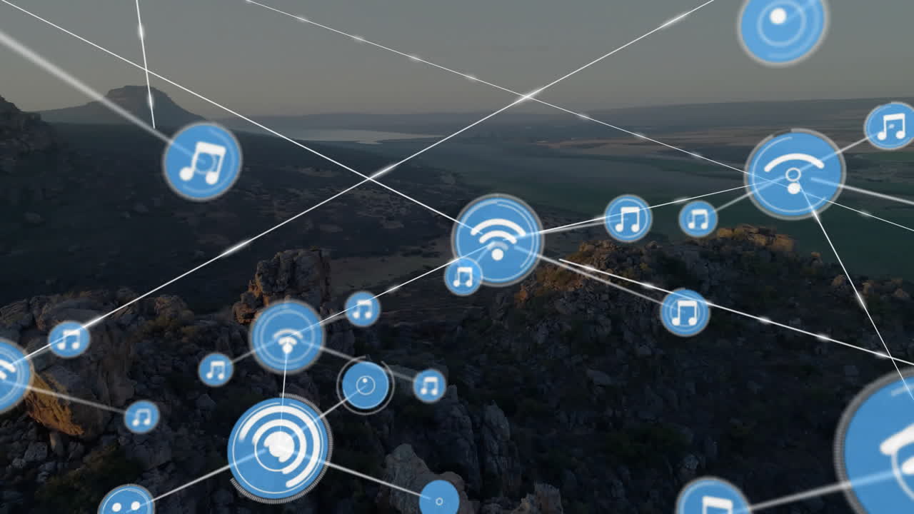 Animation of music and Wi-Fi icons connected over mountainous landscape