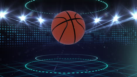 digital animation of a spinning basketball at a lit stadium.