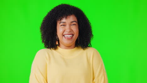Woman,-face-portrait-and-laughing-on-a-green