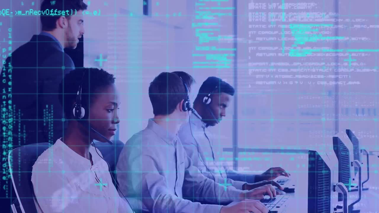 animazione dell'elaborazione dei dati su diversi uomini d'affari che indossano cuffie telefoniche