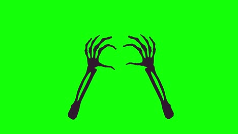 halloween or day of thr death animation. hand skeleton showing heart symbol. isolated on a chroma key, green screen. 4k video animation