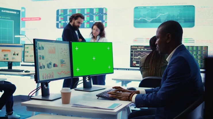 Project manager works with infographics reports and greenscreen