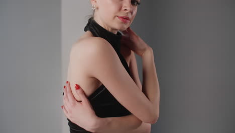 woman in black velvet dress