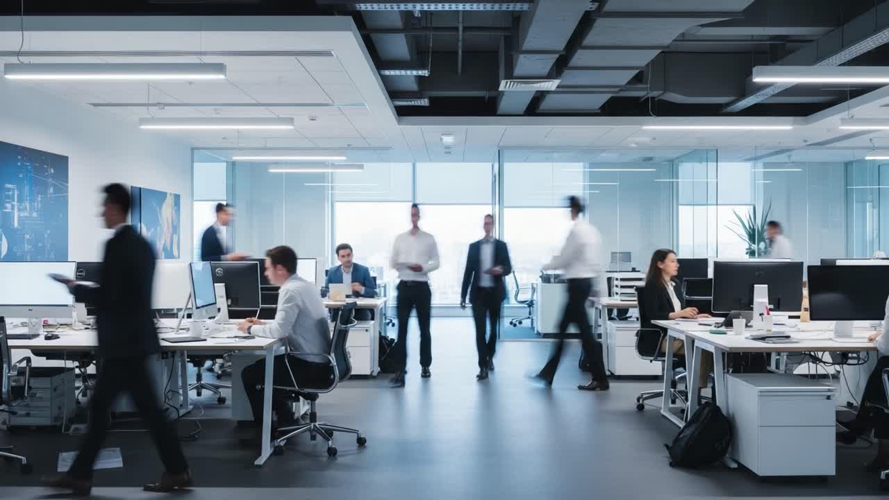 Dynamic Workspace Environment: A Glimpse into a Modern Office with Professionals Engaging in Tasks and Collaborating within a High-Tech Setting