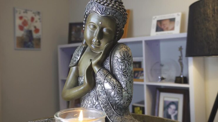 Statua di Buddha davanti a una candela accesa in salotto, che si muove lentamente nell'inquadratura