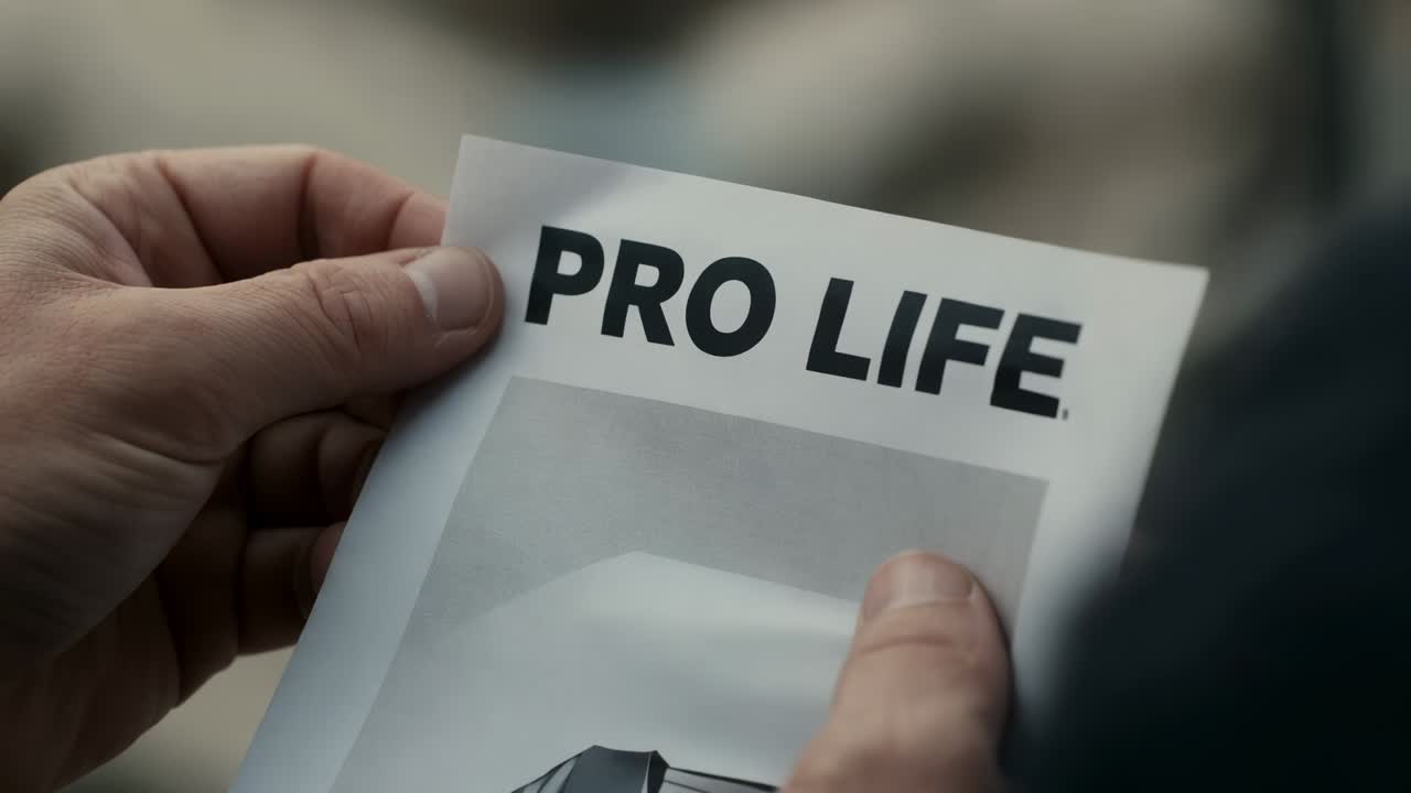 Entering hands grasping flyer in public, smoothing and reading PRO LIFE title with dark sleeve