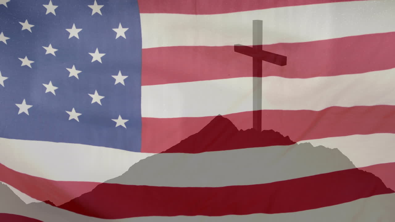 Animation of christian cross over waving flag of usa