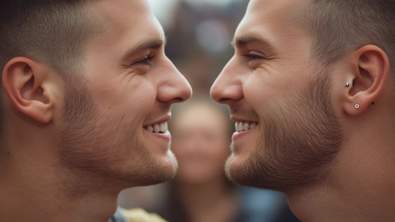 Sorrisi dopo essersi guardati: due uomini si scambiano sguardi, si avvicinano nella folla sfocata, dimostrando amore, piercing