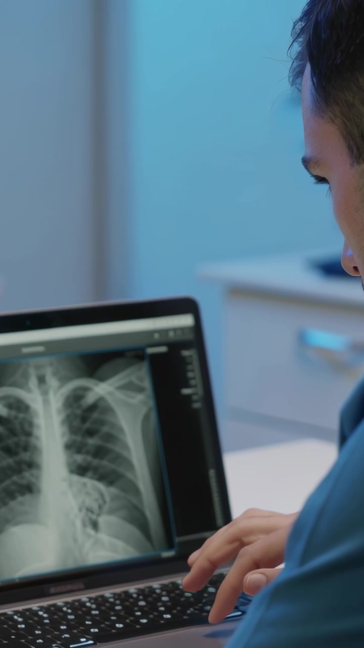 Vertical video: Seeing chest x-ray on laptop driving Dr reviewing at desk in scrubs, copy space