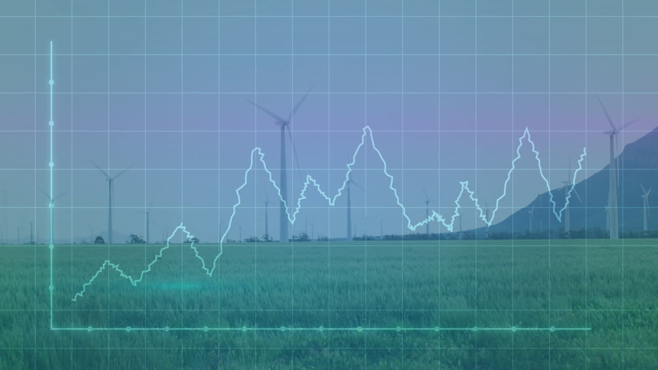 Graph line animation over wind turbines in green field landscape