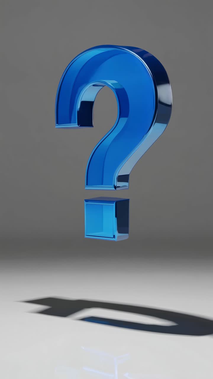A 3D blue question mark stands upright on a reflective surface