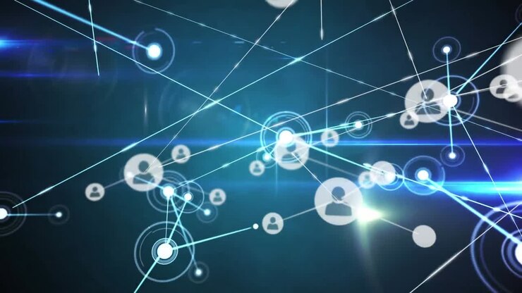 Animation of network of connections with icons over gloving lights on dark background