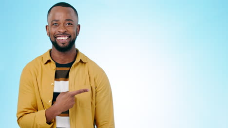 pointing, banner and face of black man on blue