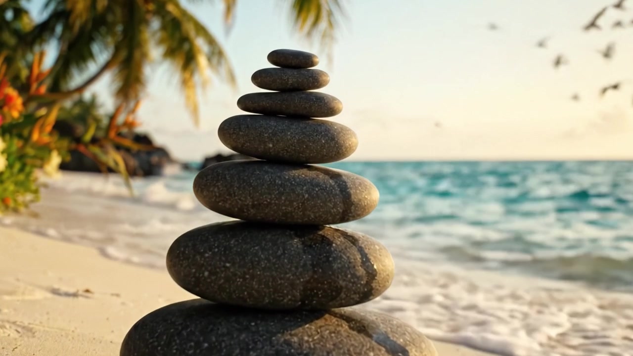 Pietre Impilate Tranquille su una Spiaggia Serena al Tramonto, Riflettendo Pace ed Equilibrio Tra la Bellezza della Natura e le Onde Rilassanti sullo Sfondo