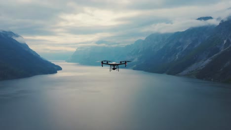 drone flying over a scenic fjord landscape