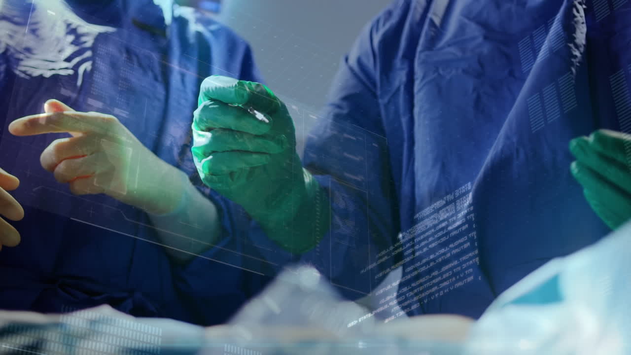 animación del procesamiento de datos sobre cirujanos caucásicos durante la cirugía