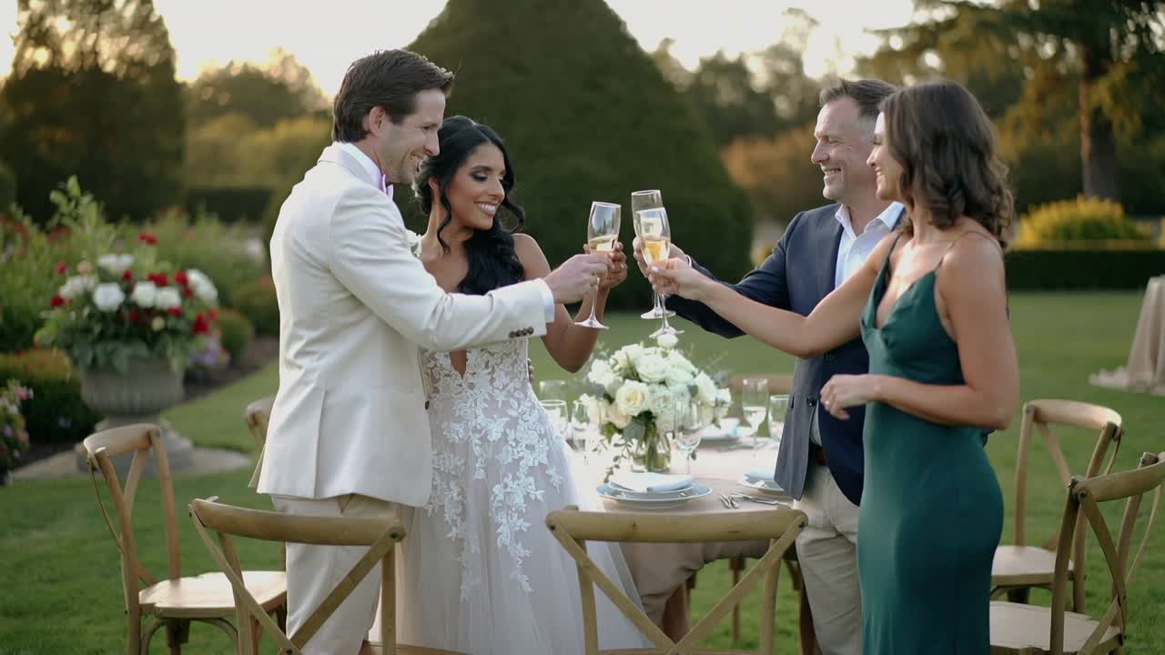 Sposa in abito di pizzo, sposo e due invitati, sorridendo e incrociando gli sguardi, alzano i flûte sul prato festeggiando.