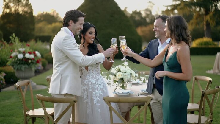 Smiling locking eyes, lace-gowned bride, groom and two guests raising flutes on lawn celebrating