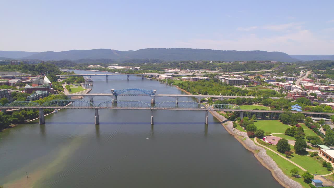 Drone Aerial Over Blue Bridge and Tennessee river in the town of Chattanooga