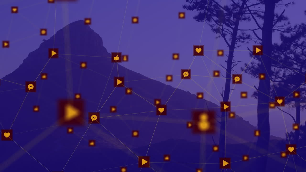 산과 나무가 있는 풍경을 배경으로 디지털 아이콘 네트워크의 애니메이션