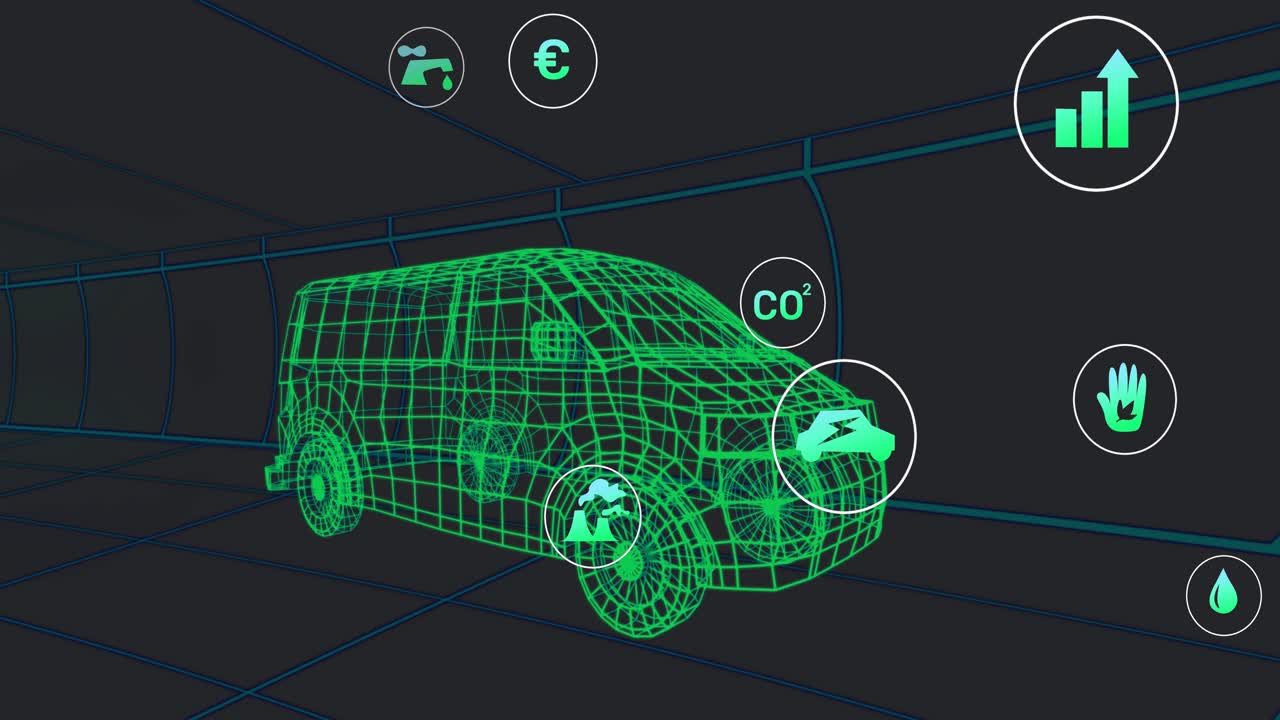 Green van wireframe static in grid tunnel, icons appearing then orbiting to visualize metrics