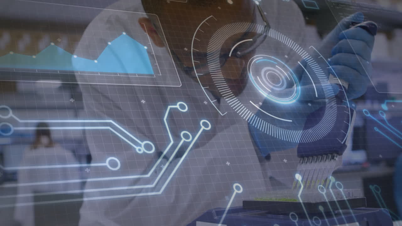 In school, scientist using animation for futuristic data visualization in lab