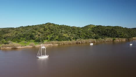 Vista-Aérea-Del-Río-Guadiana,-Los-Barcos-Que-Navegan-Río-Arriba-Y-Las-Laderas-Llenas-De-Vegetación-Mediterránea