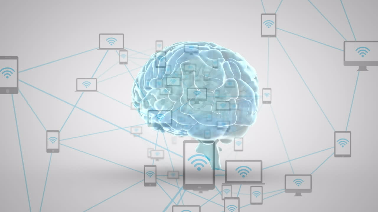 Animation of human brain and network of connections with icons
