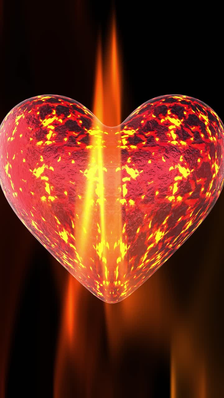 Animazione verticale di un cuore rotante con texture di lava fusa e fiamme che si innalzano su sfondo scuro.