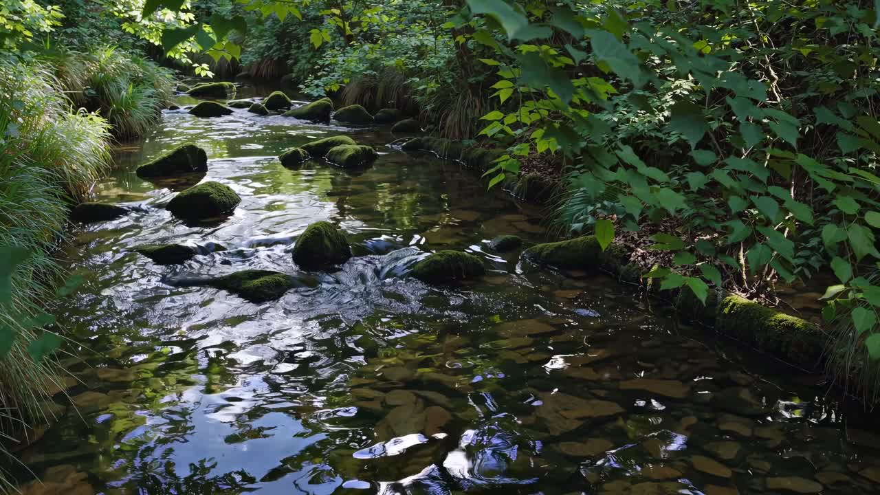 Fredfyldt bæk strømmer gennem en frodig grøn skov