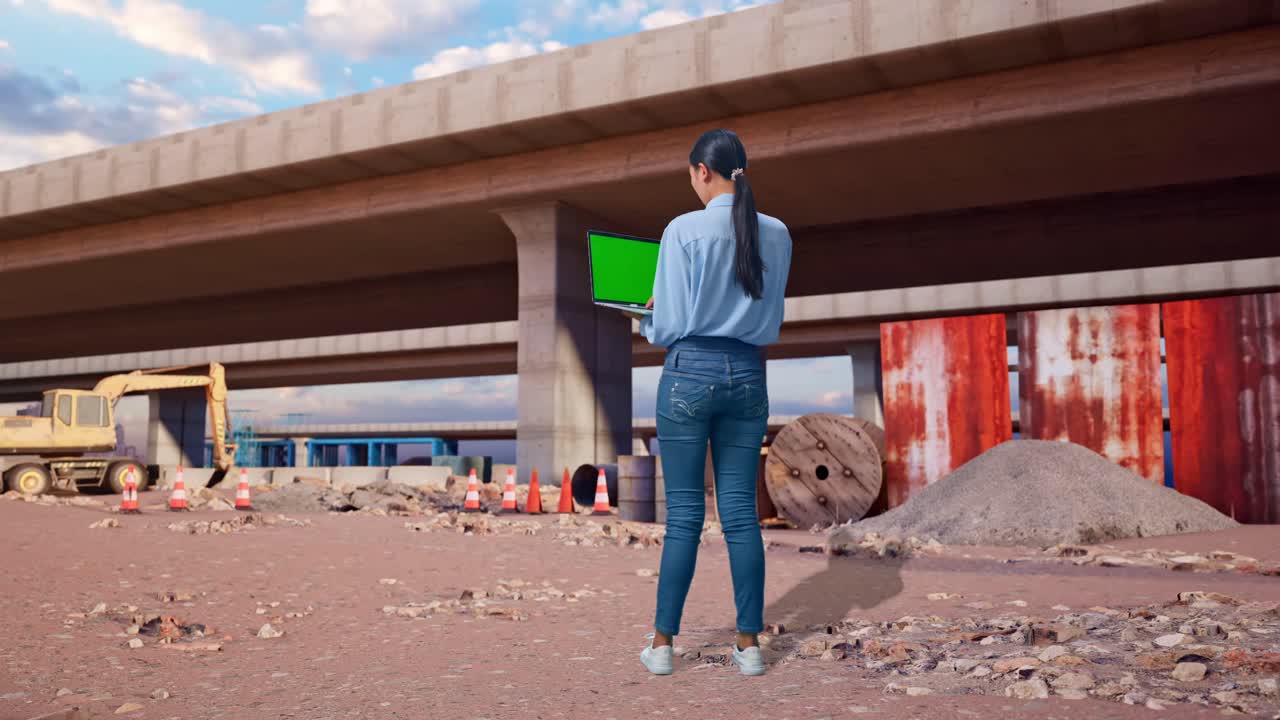 Full Body Back View Of Asian Female At The Site of Highway Construction, Typing On Laptop'S Keyboard With Green Screen And Look At Factory