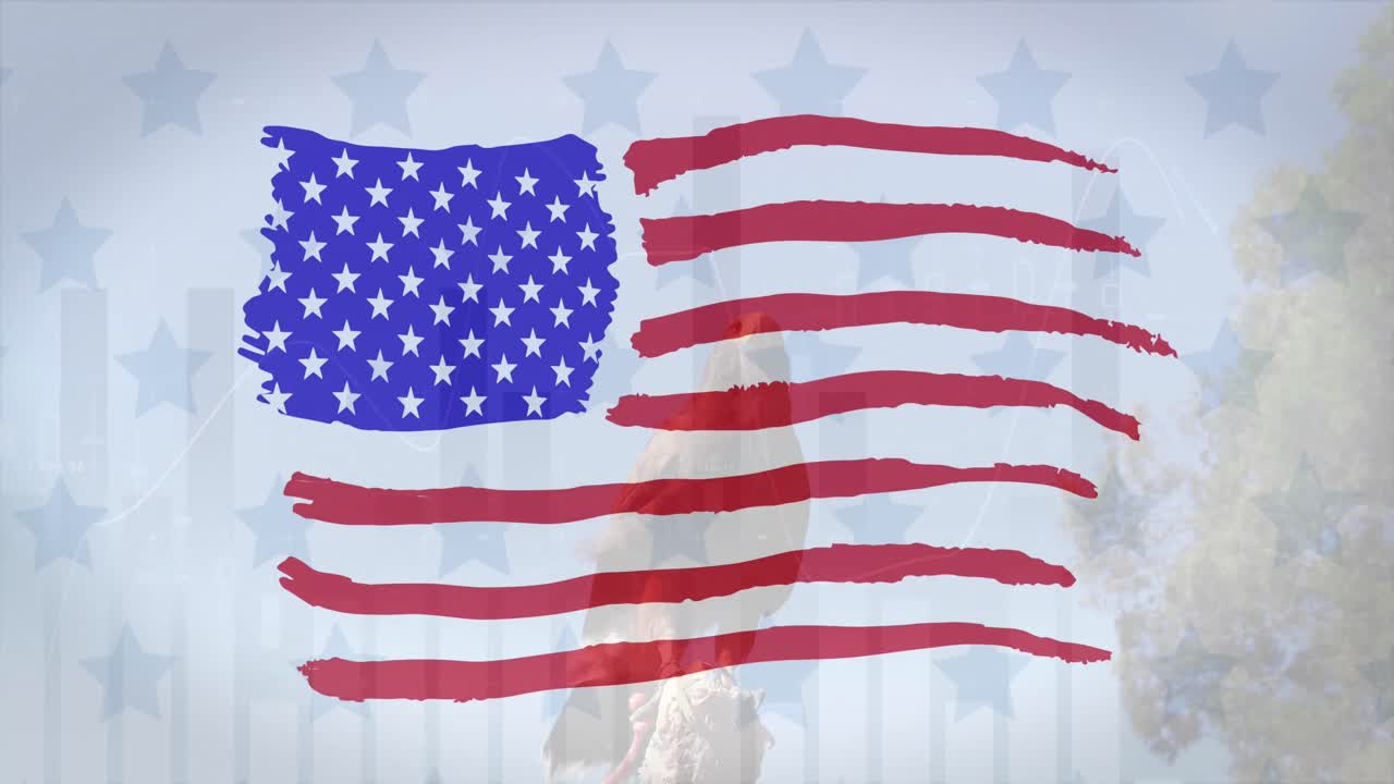 patrón de diseño de la bandera estadounidense y múltiples estrellas contra el águila sentado en una rama