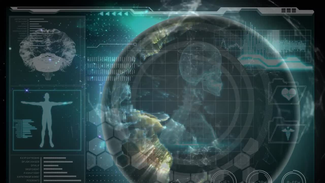 interfaz digital con el procesamiento de datos médicos contra el globo giratorio en el espacio