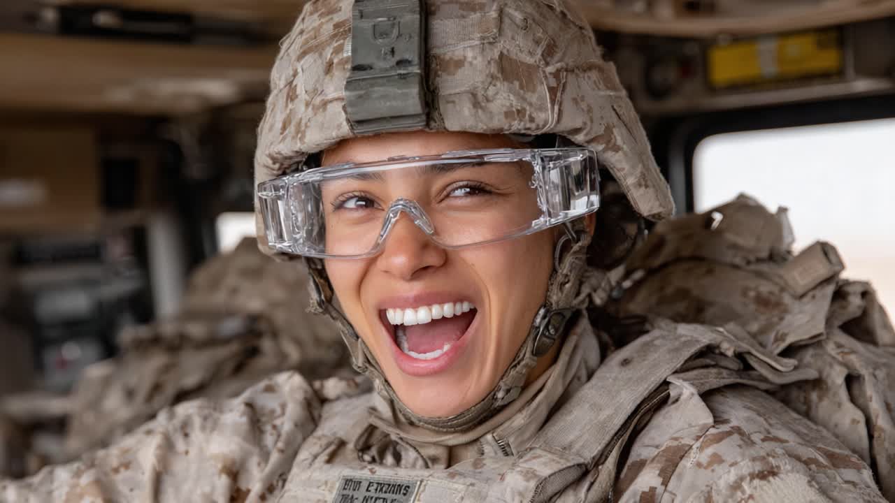 Joyful Military Soldier in Armored Vehicle: A Moment of Camaraderie and Strength Captured in a Combat Environment