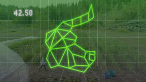 geometric green lines forming animal animation over people working in field