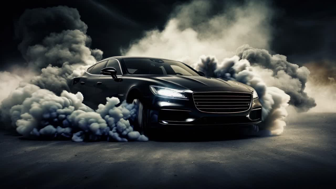 Dynamic low-angle shot of a sleek car drifting through smoke, capturing a cinematic, high-speed