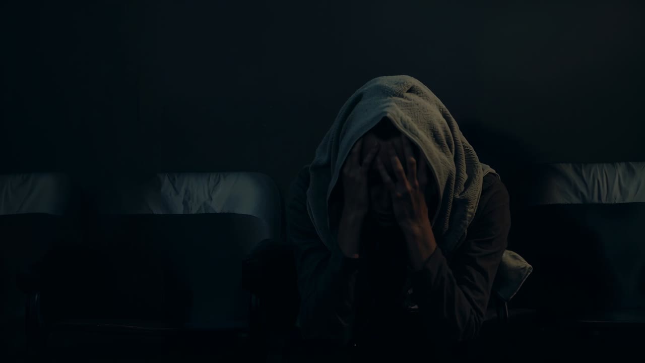Žena v tmavém topu si zakrývá obličej rukama poté, co si utřela ručníkem, sedí v tlumených sedadlech s opěrkami hlavy.