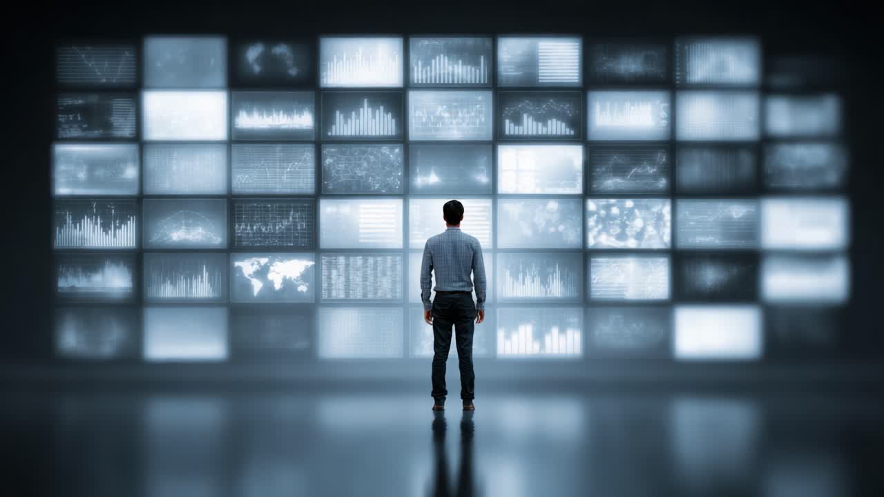 Una persona pensierosa si trova di fronte a una parete dinamica di monitor che mostrano complesse visualizzazioni di dati e approfondimenti analitici in un moderno ambiente tecnologico