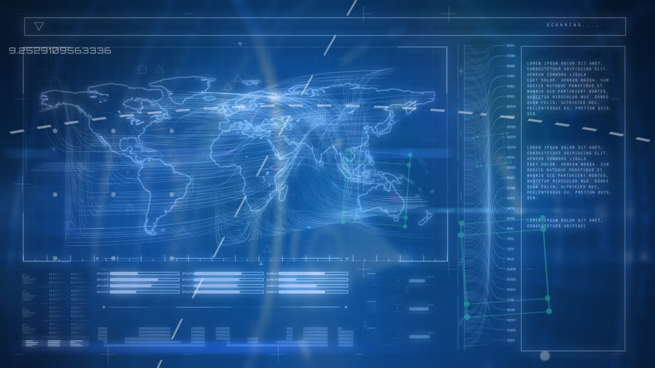 animación del procesamiento de datos y un mapa del mundo sobre fondo azul