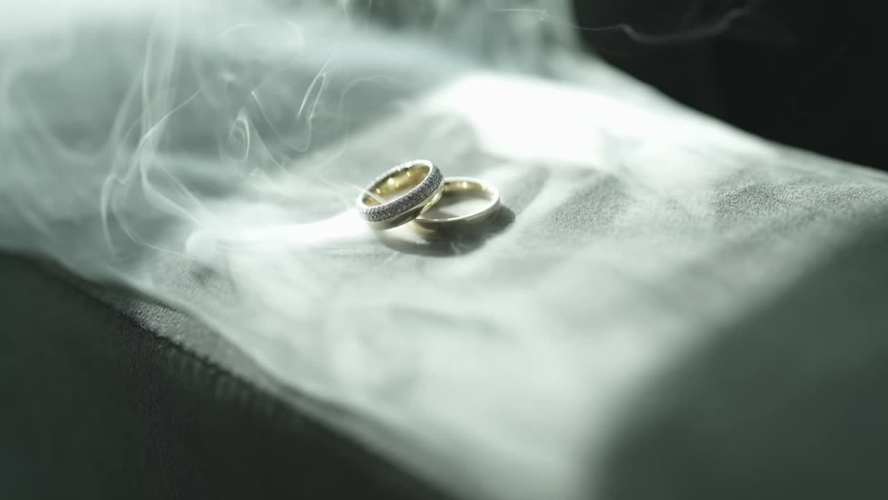 Luxury wedding rings resting on a soft white surface, enveloped in a romantic ethereal mist that creates a dreamlike and sophisticated atmosphere for a ceremony, Slow motion orbit