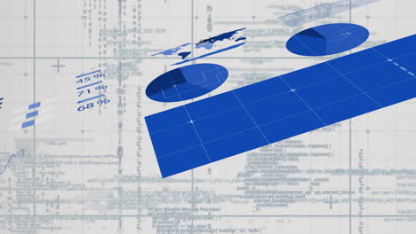 Blueprint-style animation over world map and financial data