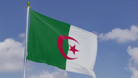 flag of algeria moving in the wind with a clear blue sky in the background, clouds slowly moving, flagpole, slow motion