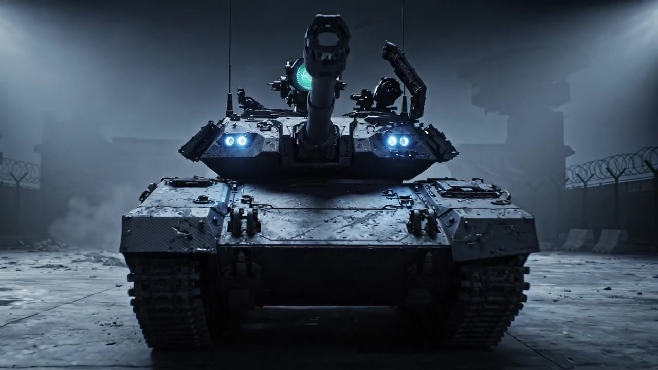Un Potente Carro Armato Manovra Attraverso un Paesaggio Industriale Tetro, Emettendo Fiamme e Luce in una Dimostrazione di Potenza Militare ed Eccellenza Ingegneristica